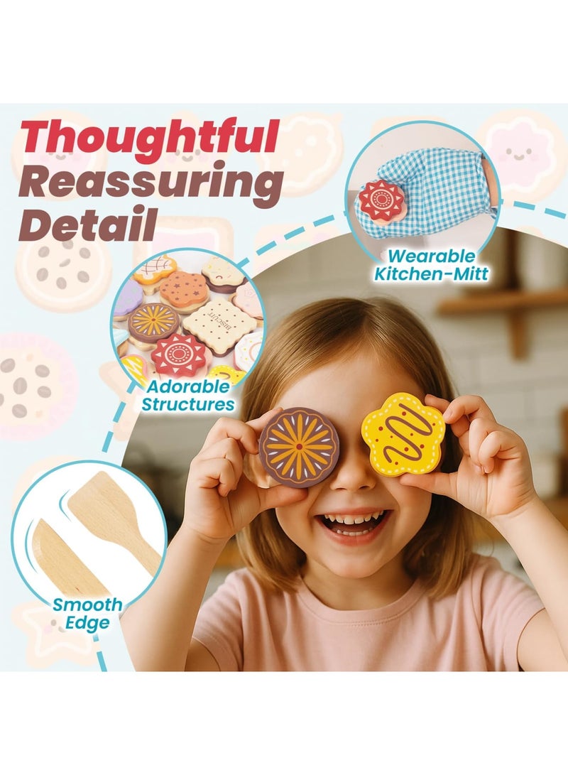 Slice and Bake Wooden Cookie Play Food Set for Kids, Pretend Kitchen Toys with 12 Cookies, Toppings, Knife, Spatula, Mitt  Tray, Educational Role Play Baking Set Gift for Toddlers Boys Girls - Image 4